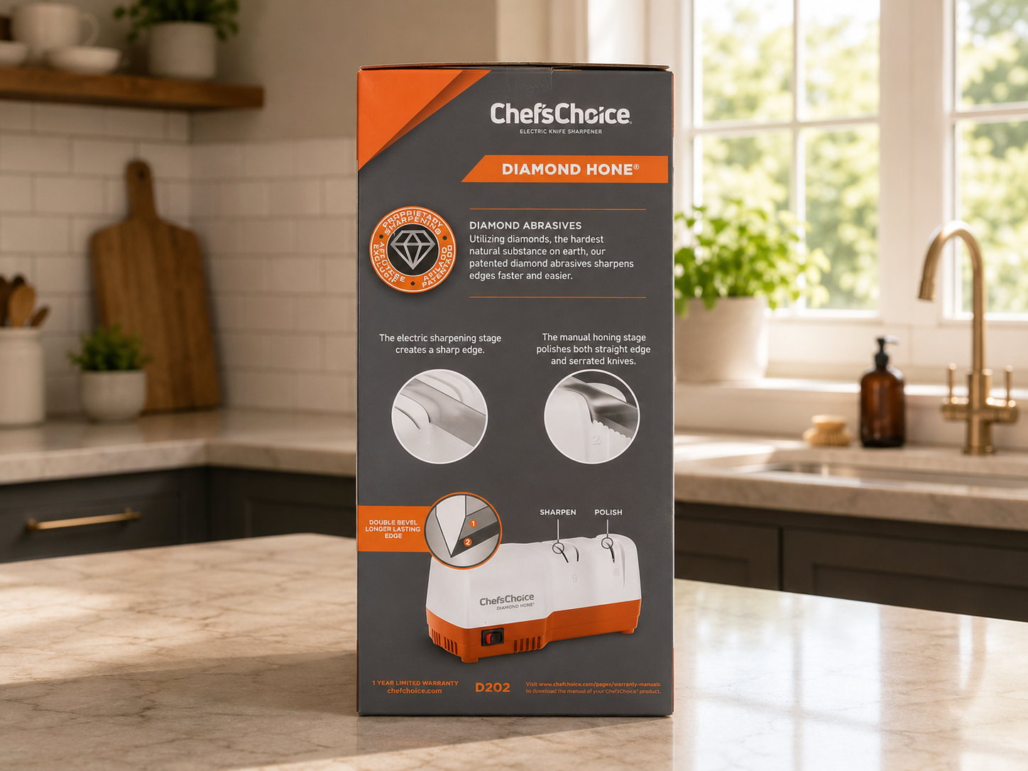 Chef'sChoice Diamond Hone D202 – Aiguiseur électrique à couteaux 2 étapes avec abrasifs diamant – Blanc/Orange