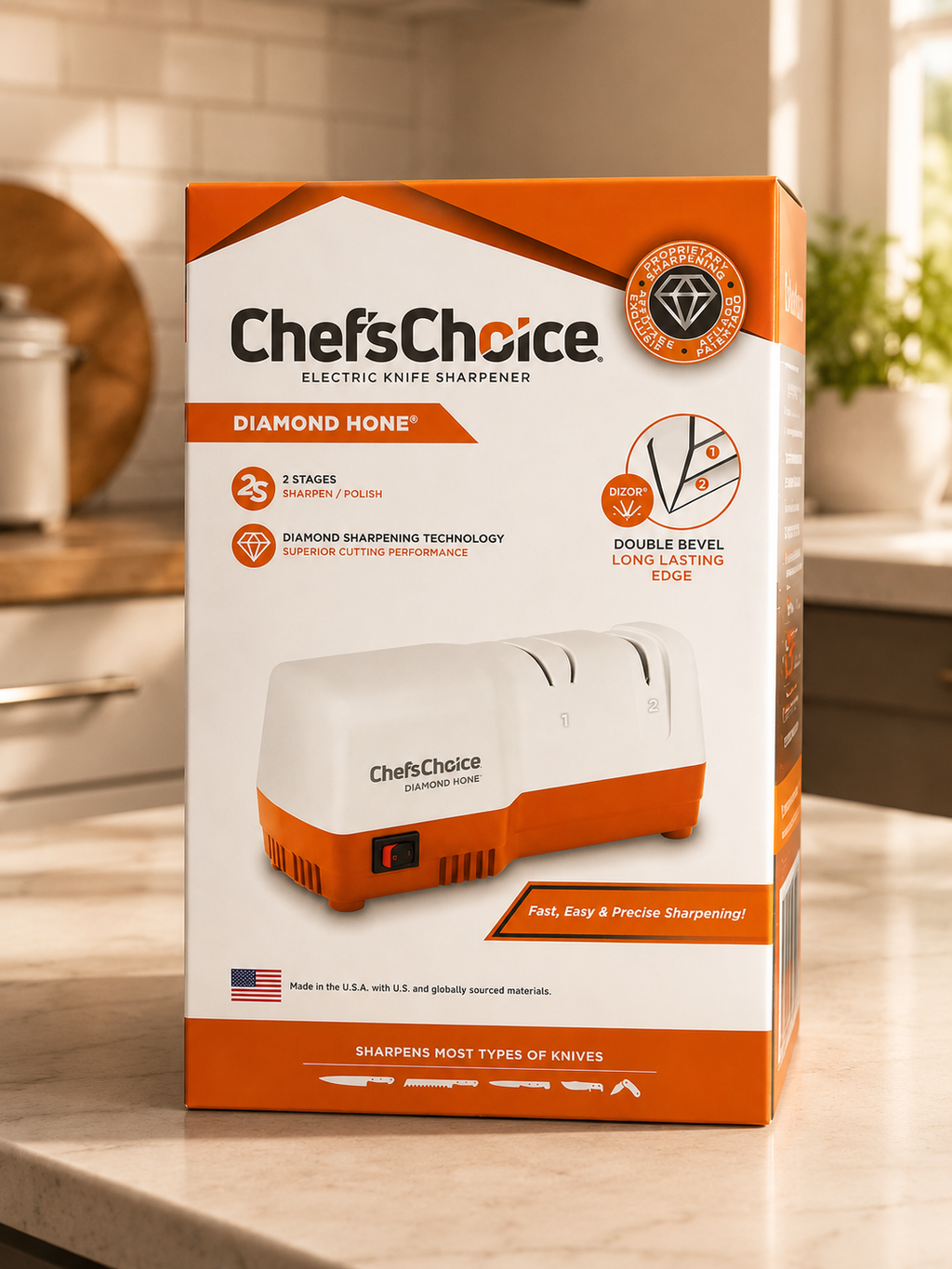 Chef'sChoice Diamond Hone D202 – Aiguiseur électrique à couteaux 2 étapes avec abrasifs diamant – Blanc/Orange