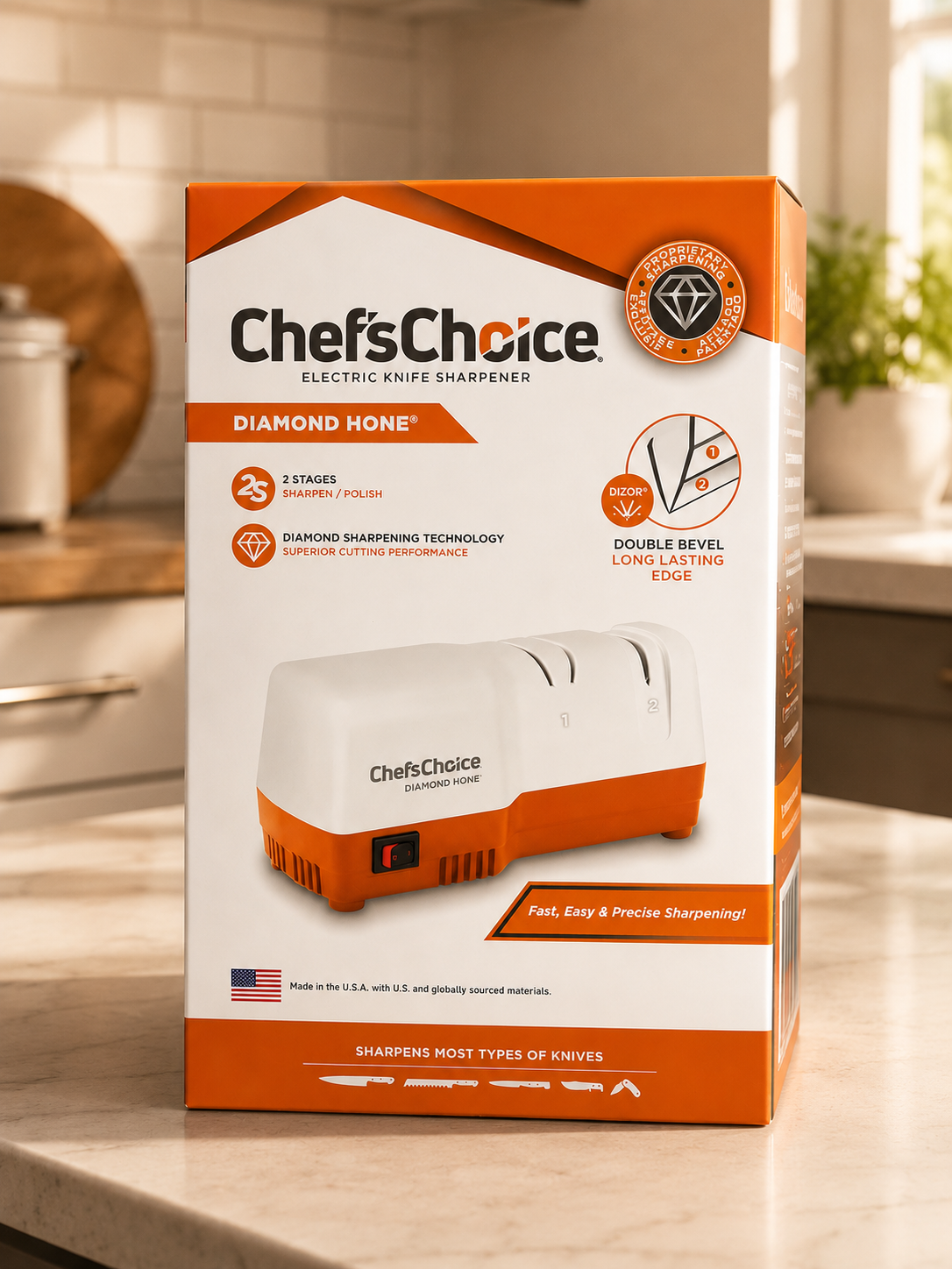 Chef'sChoice Diamond Hone D202 – Aiguiseur électrique à couteaux 2 étapes avec abrasifs diamant – Blanc/Orange