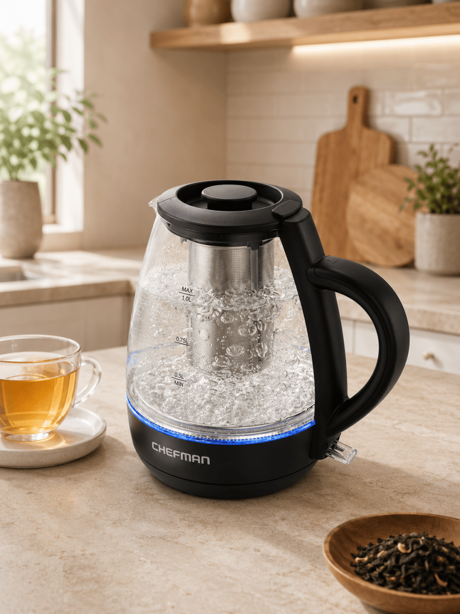 Chefman Bouilloire Électrique en Verre Ébullition Rapide 1L avec Infuseur à Thé - Ayoye Destock