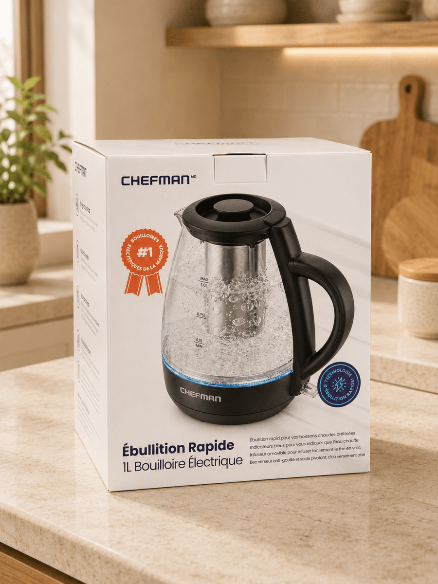 Chefman Bouilloire Électrique en Verre Ébullition Rapide 1L avec Infuseur à Thé - Ayoye Destock