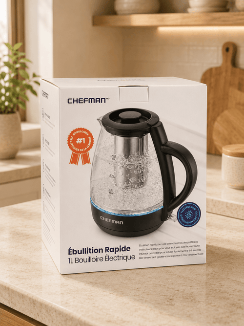 Chefman Bouilloire Électrique en Verre Ébullition Rapide 1L avec Infuseur à Thé - Ayoye Destock
