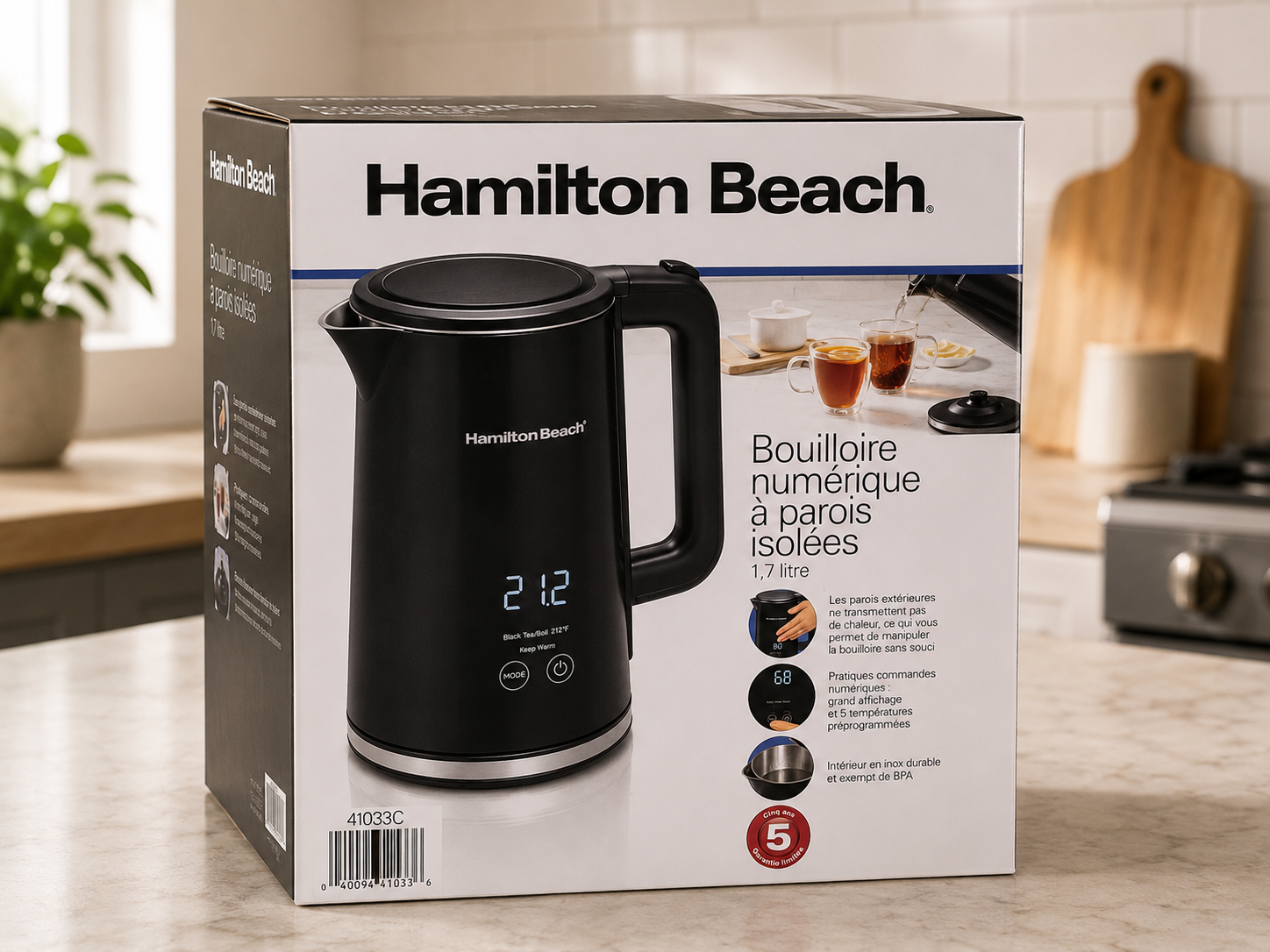 Hamilton Beach Bouilloire Numérique à Parois Isolées Cool-Touch 1,7 L – 5 températures – 1500 W – Modèle 41033C