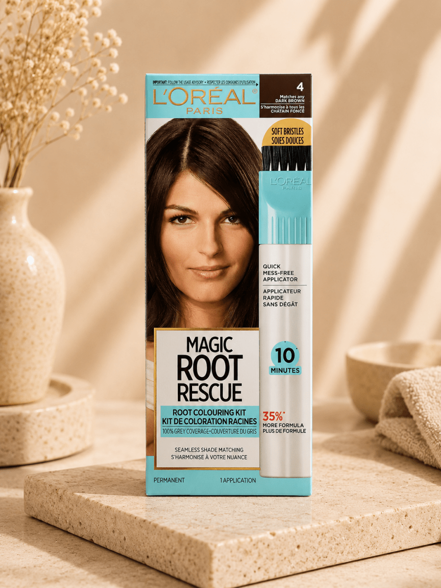 L'Oréal Paris Magic Root Rescue – Kit de Coloration Racines Permanente 10 Minutes, Teinte 4 Châtain Foncé - Ayoye Destock