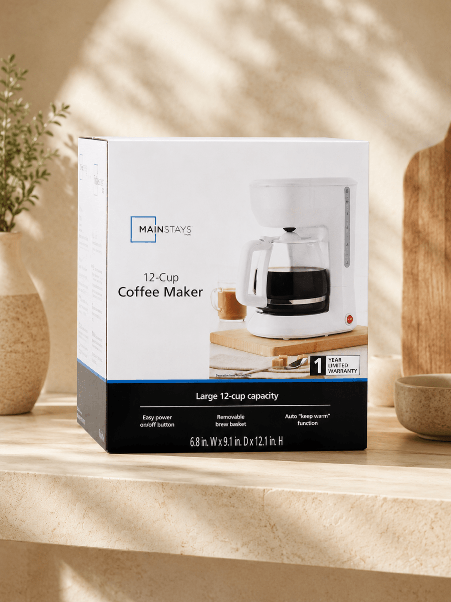 Mainstays Cafetière de 12 Tasses Blanche – Fonction Garder Chaud et Panier Amovible - Ayoye Destock