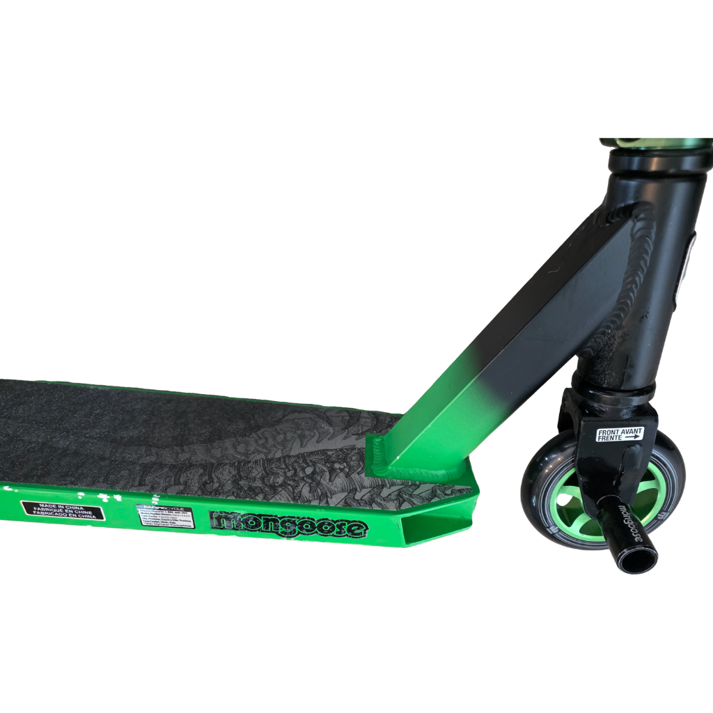 Mongoose Rise 100 Pro trottinette freestyle – Roues 100 mm, pegs avant/arrière, finition noir et vert