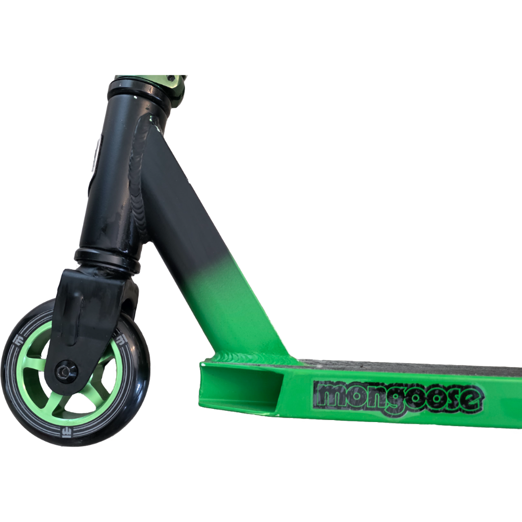 Mongoose Rise 100 Pro trottinette freestyle – Roues 100 mm, pegs avant/arrière, finition noir et vert