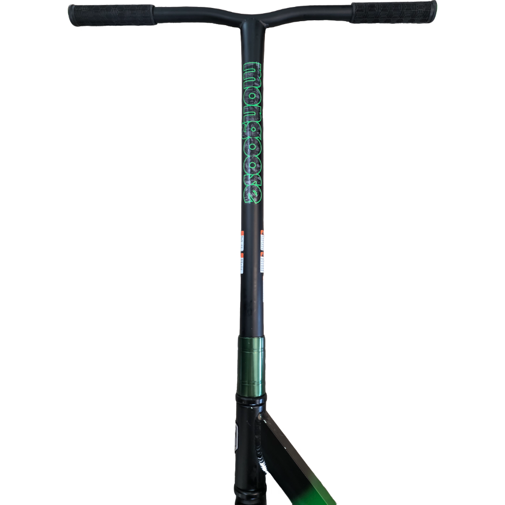 Mongoose Rise 100 Pro trottinette freestyle – Roues 100 mm, pegs avant/arrière, finition noir et vert