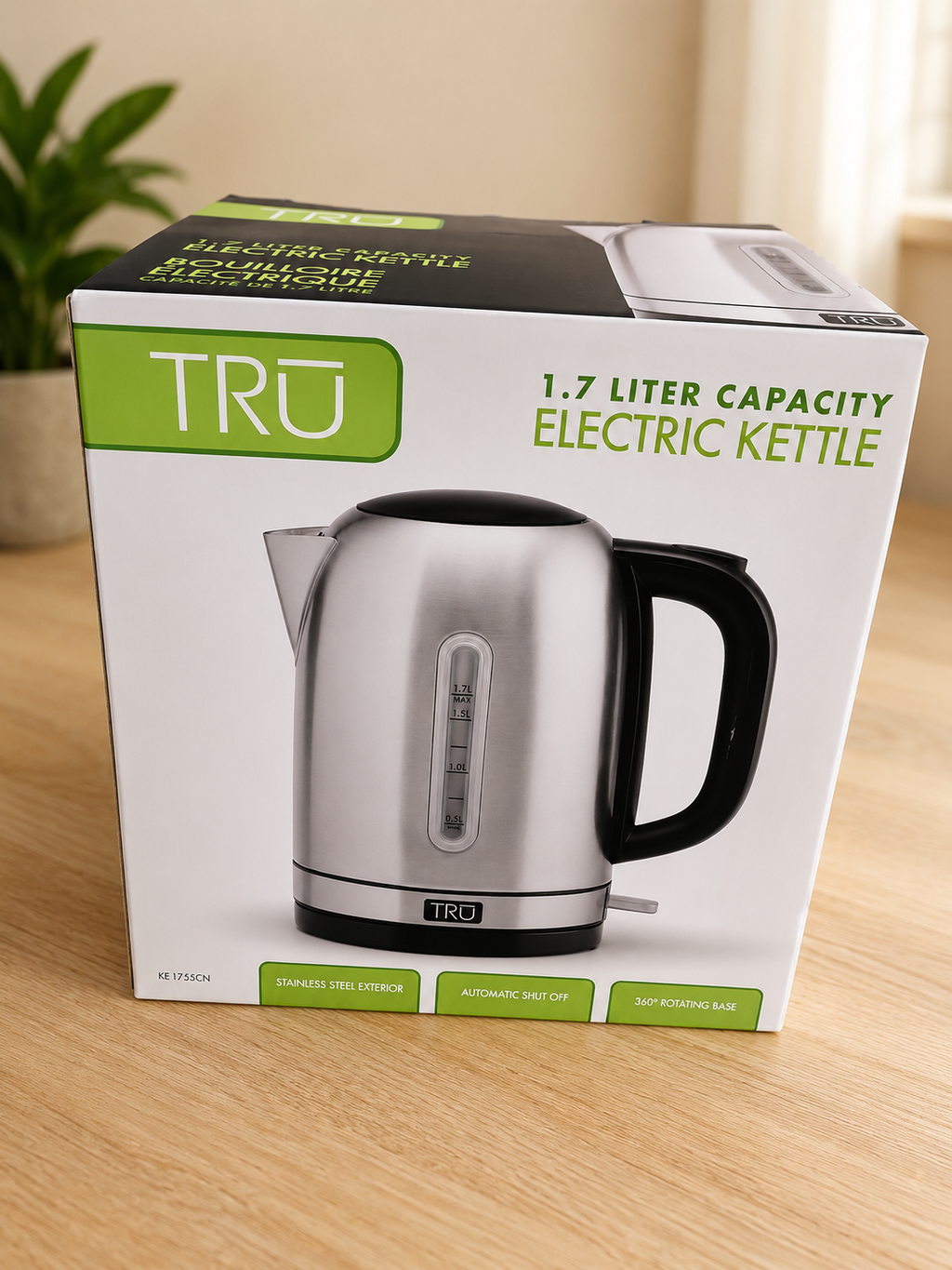 TRU Bouilloire Électrique en Acier Inoxydable 1,7 L avec Base Rotative 360° – Modèle KE-1765CN