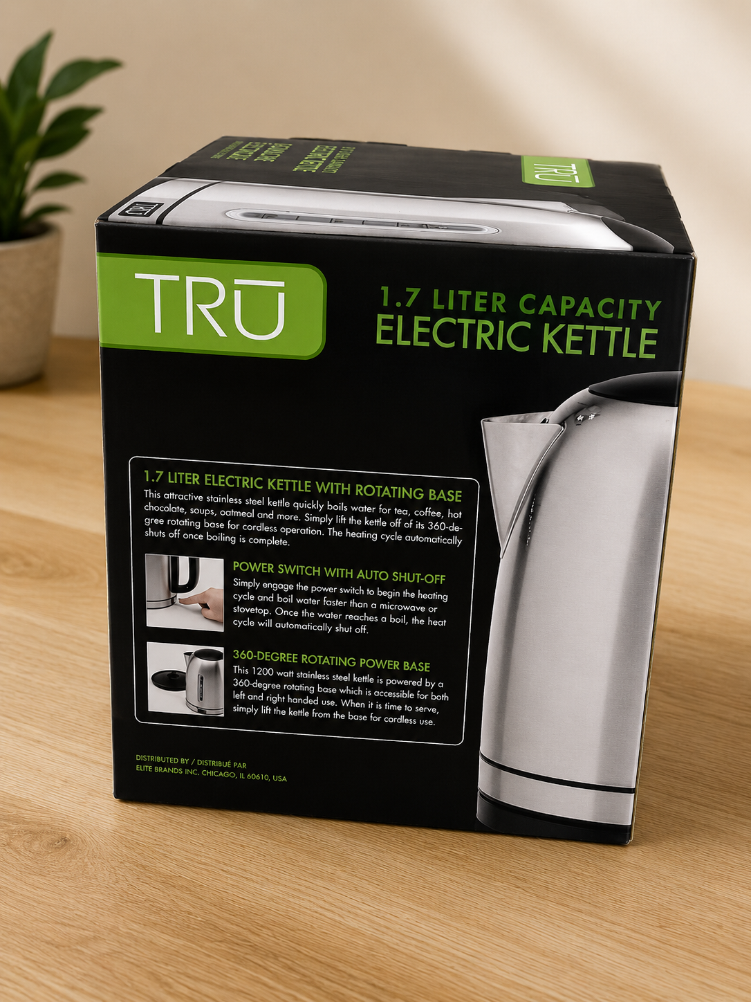 TRU Bouilloire Électrique en Acier Inoxydable 1,7 L avec Base Rotative 360° – Modèle KE-1765CN