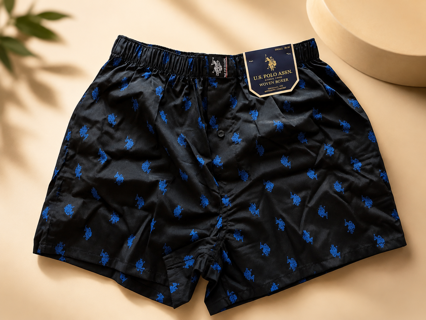 U.S. Polo Assn. Woven Boxer noir à motifs bleus – Boxer tissé pour homme