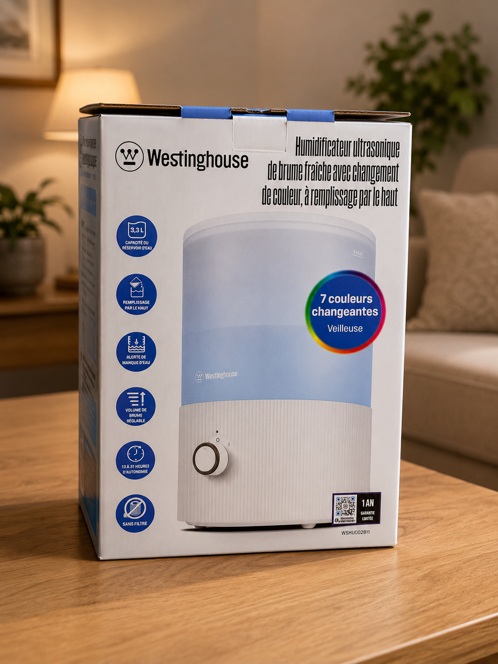Westinghouse Humidificateur Ultrasonique à Brume Fraîche avec Veilleuse 7 Couleurs – Remplissage par le Haut – 3,3 L
