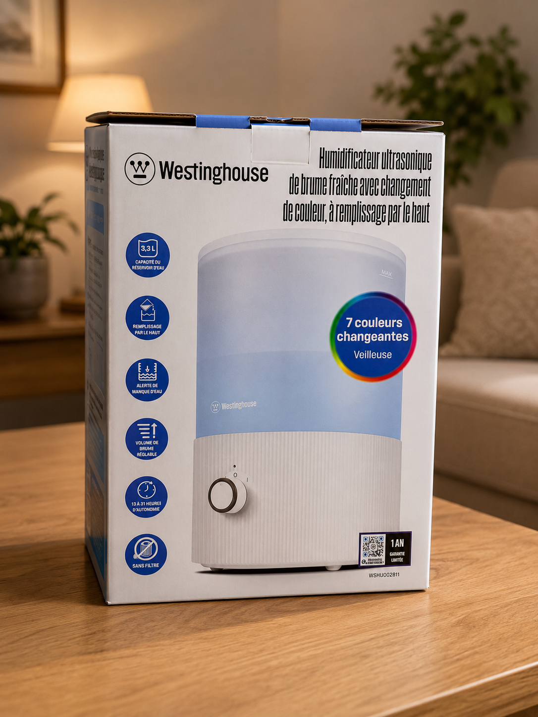 Westinghouse Humidificateur Ultrasonique à Brume Fraîche avec Veilleuse 7 Couleurs – Remplissage par le Haut – 3,3 L