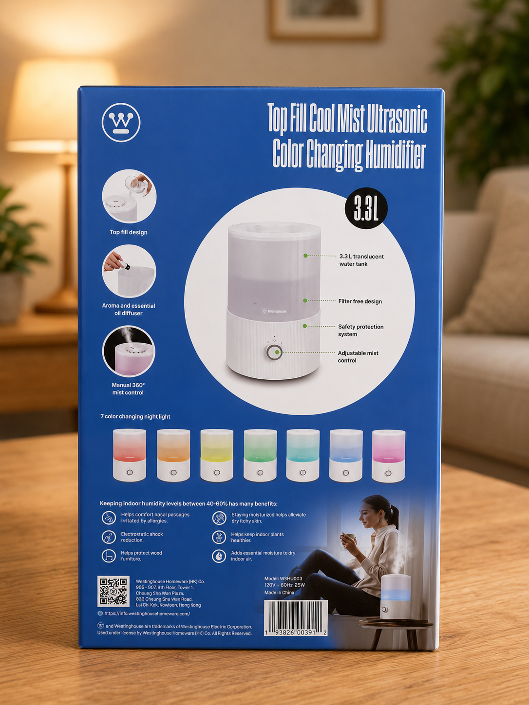 Westinghouse Humidificateur Ultrasonique à Brume Fraîche avec Veilleuse 7 Couleurs – Remplissage par le Haut – 3,3 L